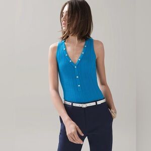 BLUE White House Black Market V-Neck Snap-Front Rib Knit Sweater Tank Sz XS